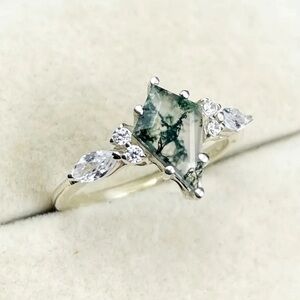 925 Sterling Silver Inlaid Moss Agate Ring